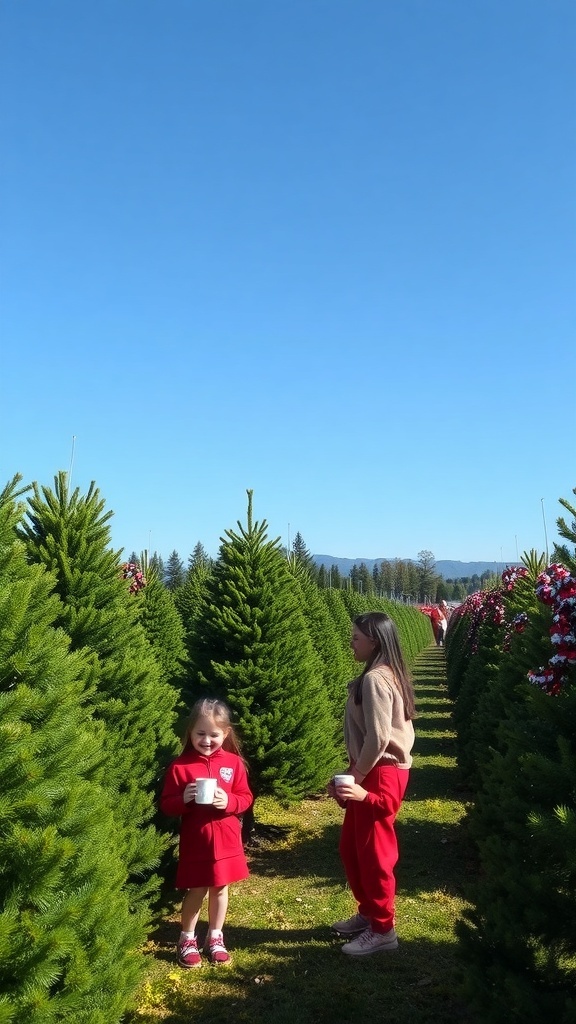 Christmas Tree Farm Experience Families enjoying a Christmas tree farm, selecting trees and sipping hot cocoa.